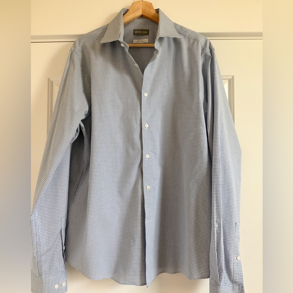 Michael Kors Men's White and Blue Checkered Dress Shirt
